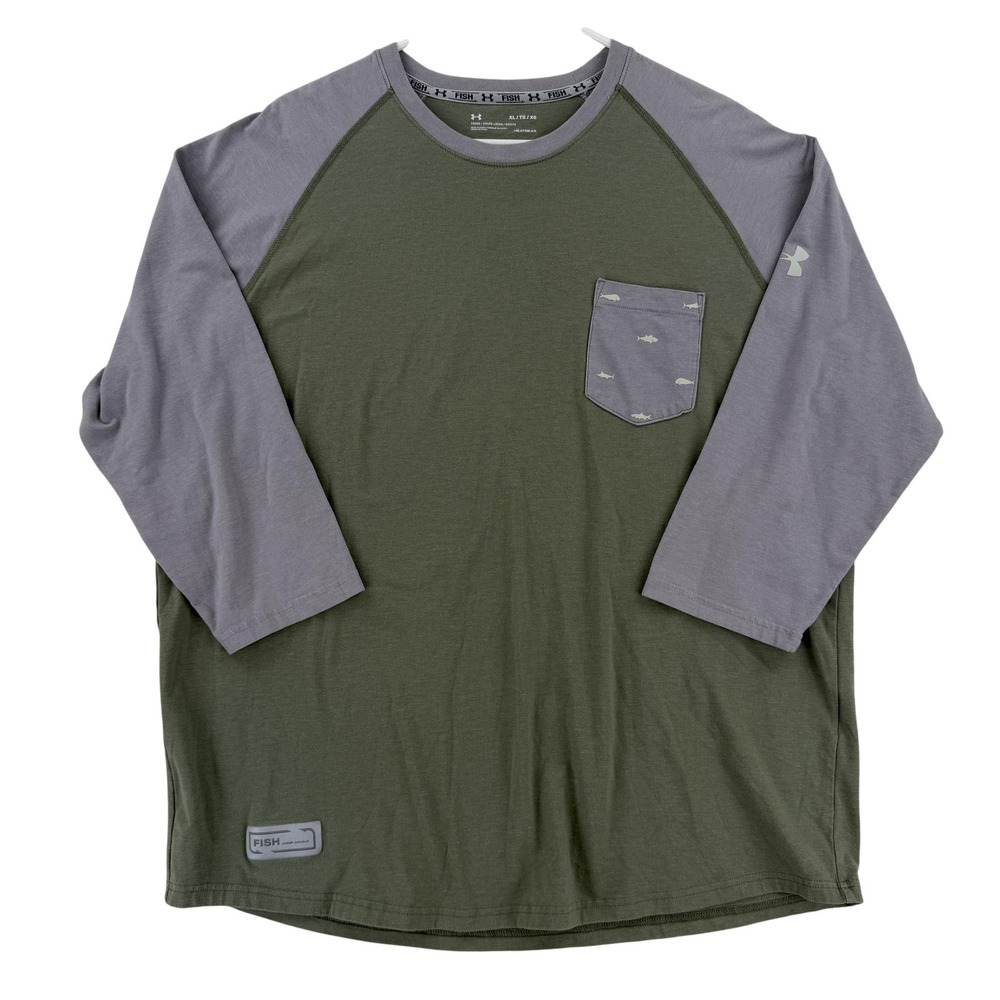 Under Armour Fish Shirt Mens XL Green Gray Pocket 3/4 Sleeve T-Shirt HeatGear